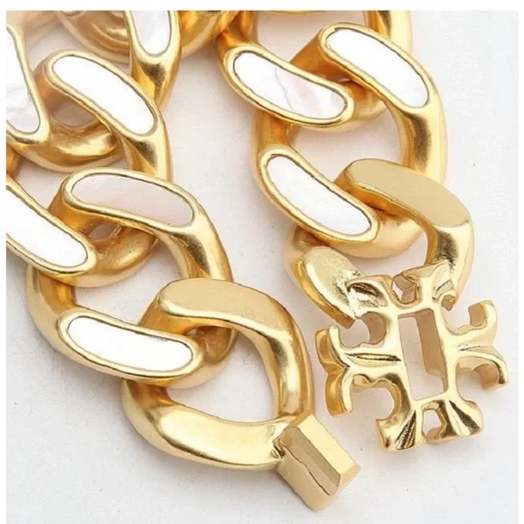 NWOT Tory Burch Authentic Roxanne Inlay Chunky Bold Statement Gold Necklace
